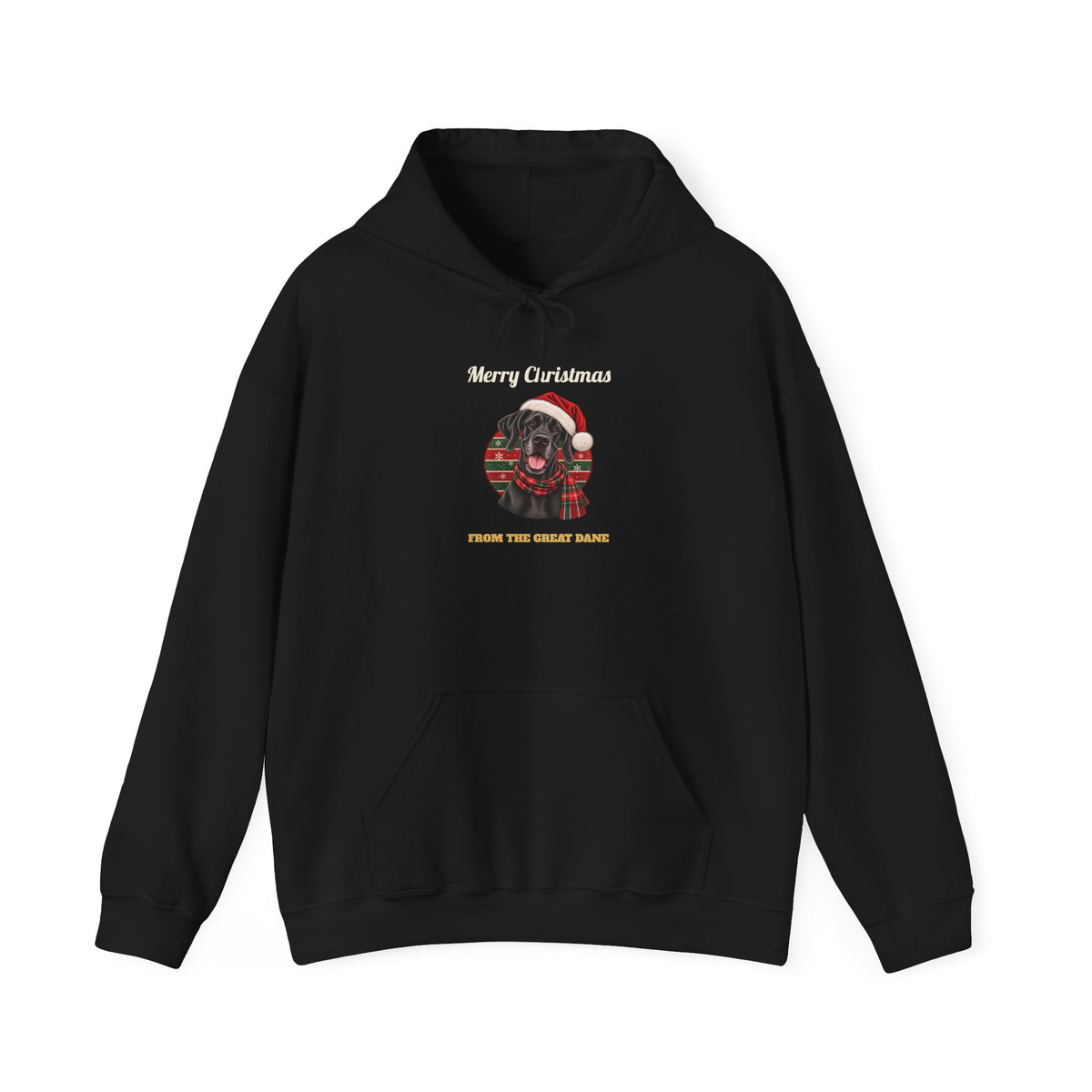 Black Merry Christmas From The Great Dane hoodie with a black Great Dane in a Santa hat, front view