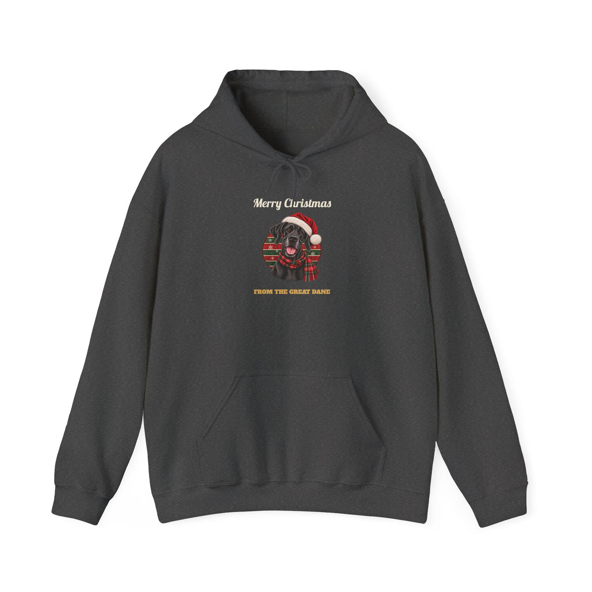 Dark Heather Merry Christmas From The Great Dane hoodie with a black Great Dane in a Santa hat, front view