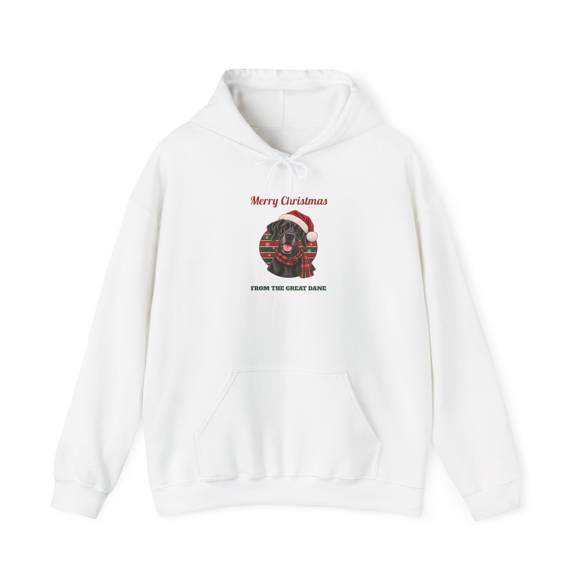 White Merry Christmas From The Great Dane hoodie with a black Great Dane in a Santa hat, front view