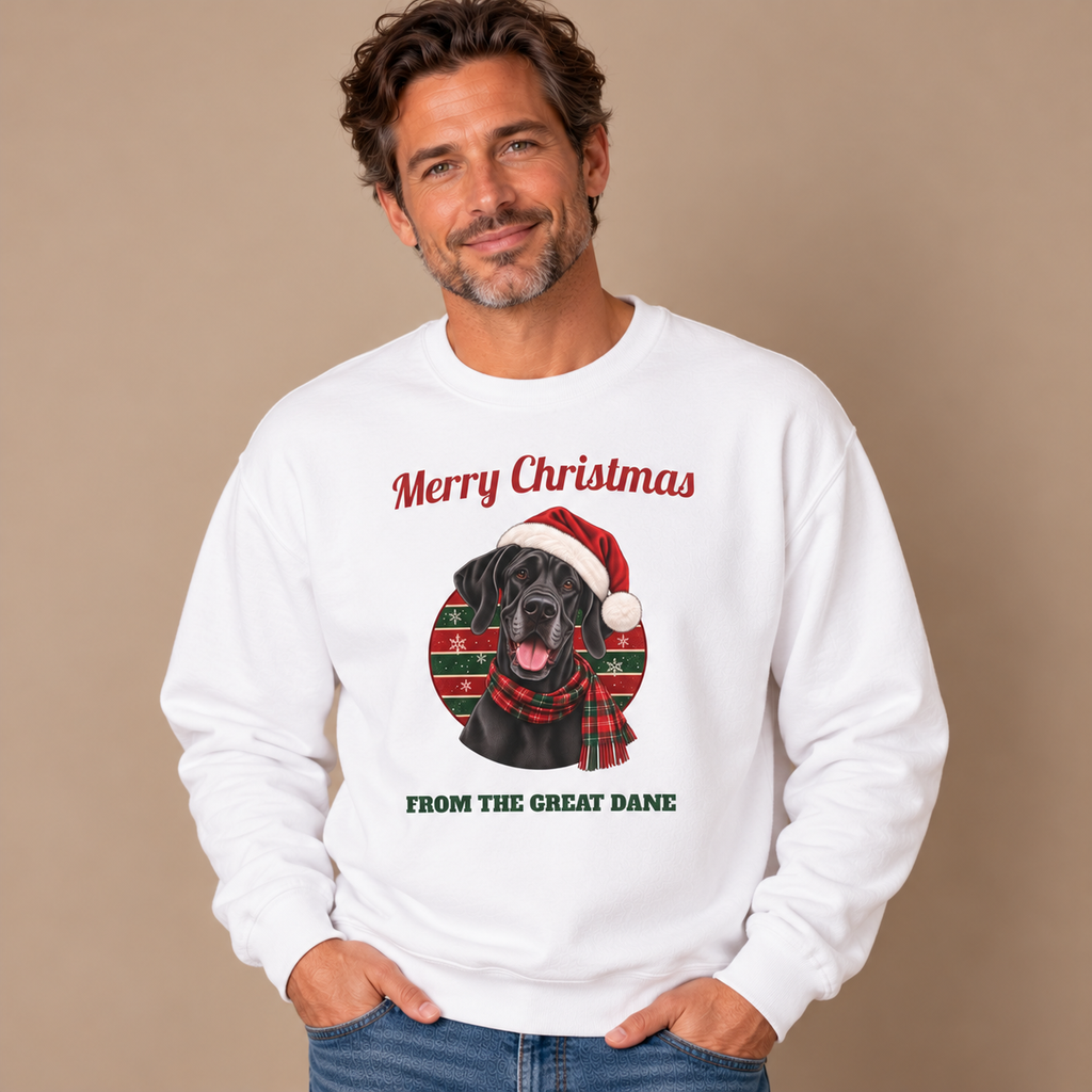 Man wearing the White Merry Christmas From The Great Dane Sweatshirt with jeans