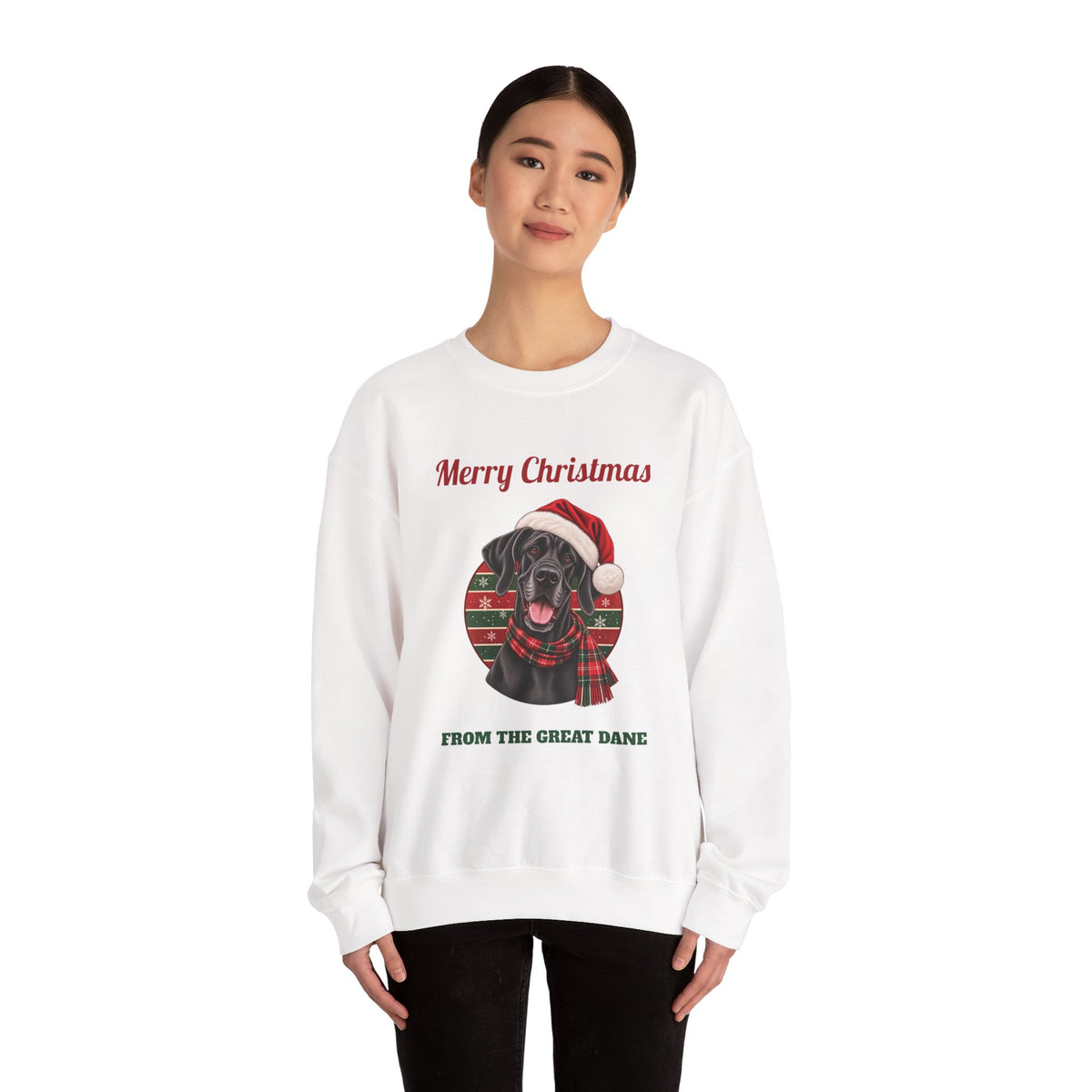 Woman wearing the Merry Christmas From The Great Dane Sweatshirt