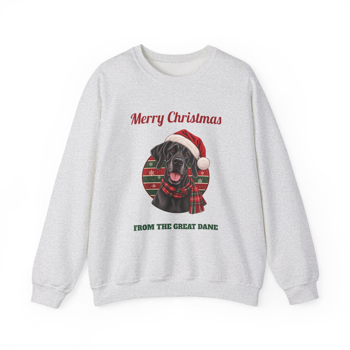 Ash Merry Christmas From The Great Dane sweatshirt with a black Great Dane in a Santa hat, front view
