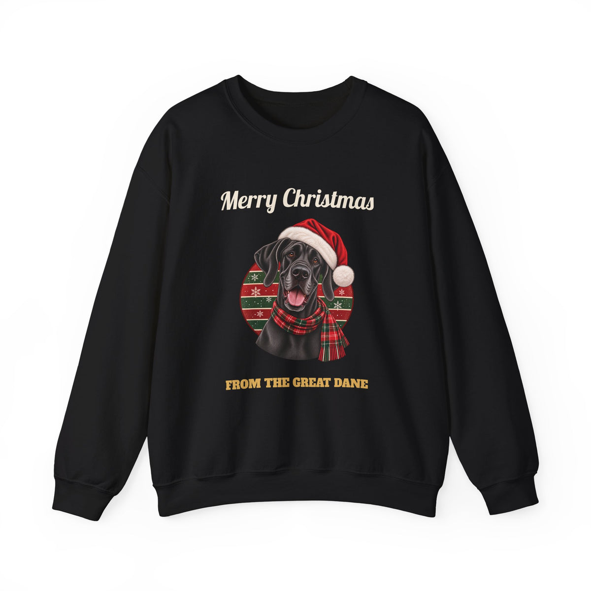 Black Merry Christmas From The Great Dane sweatshirt with a black Great Dane in a Santa hat, front view