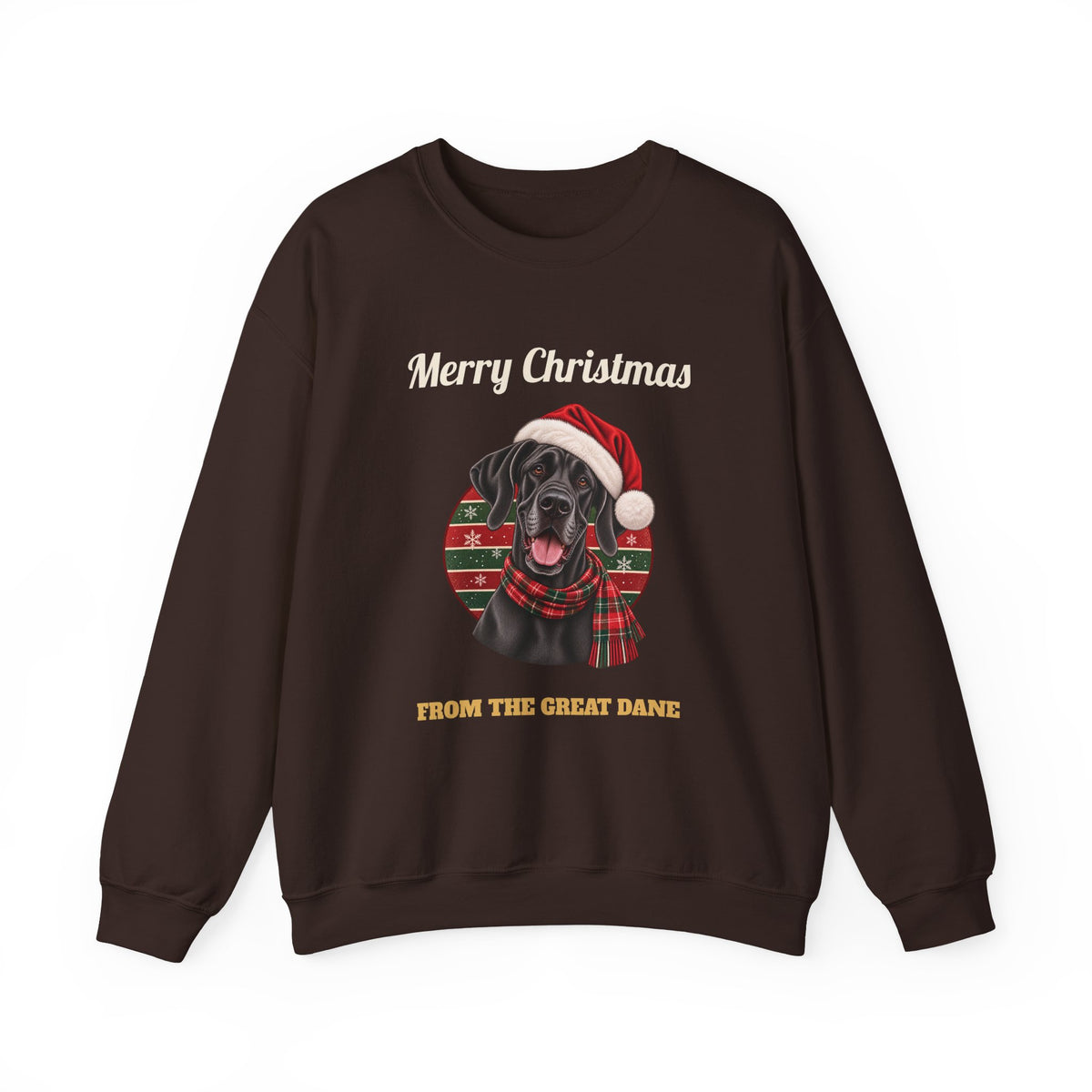 Dark Chocolate Merry Christmas From The Great Dane sweatshirt with a black Great Dane in a Santa hat, front view