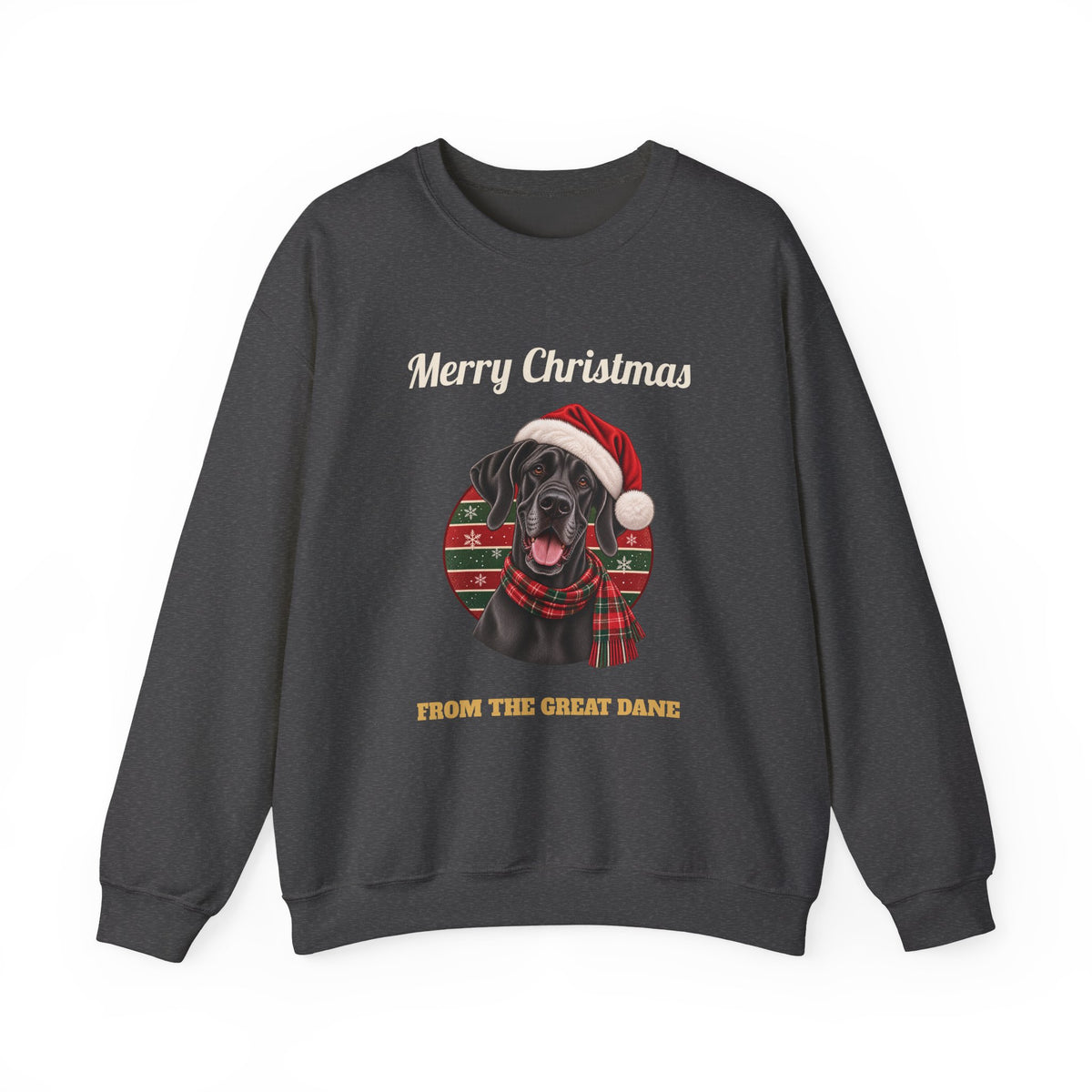 Dark Heather Merry Christmas From The Great Dane sweatshirt with a black Great Dane in a Santa hat, front view