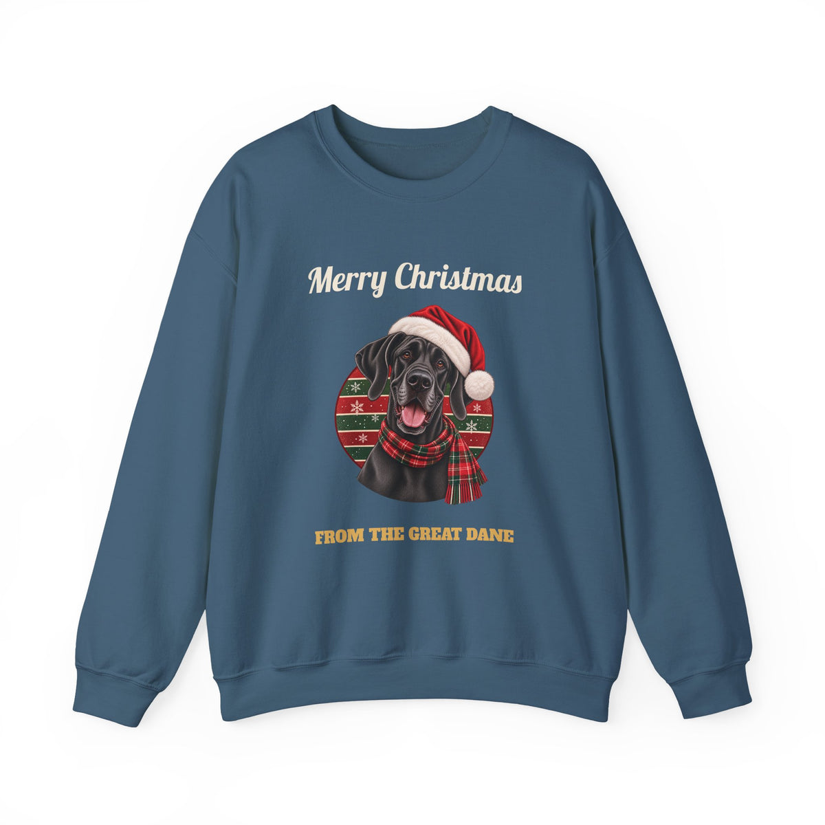 Indigo Blue Merry Christmas From The Great Dane sweatshirt with a black Great Dane in a Santa hat, front view