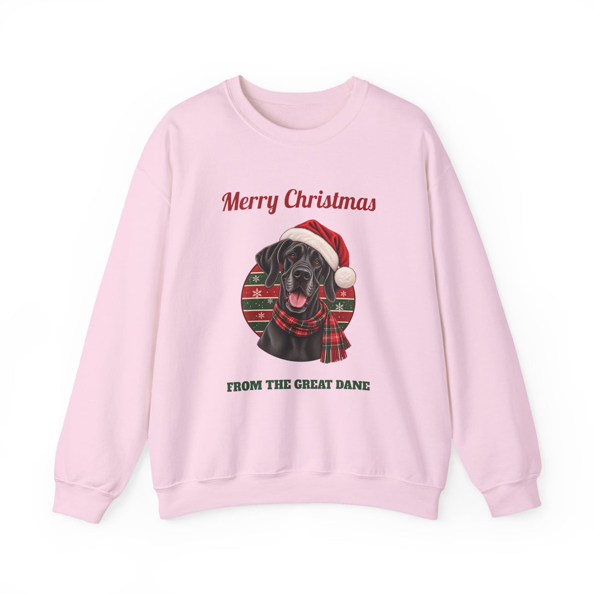 Light Pink Merry Christmas From The Great Dane sweatshirt with a black Great Dane in a Santa hat, front view