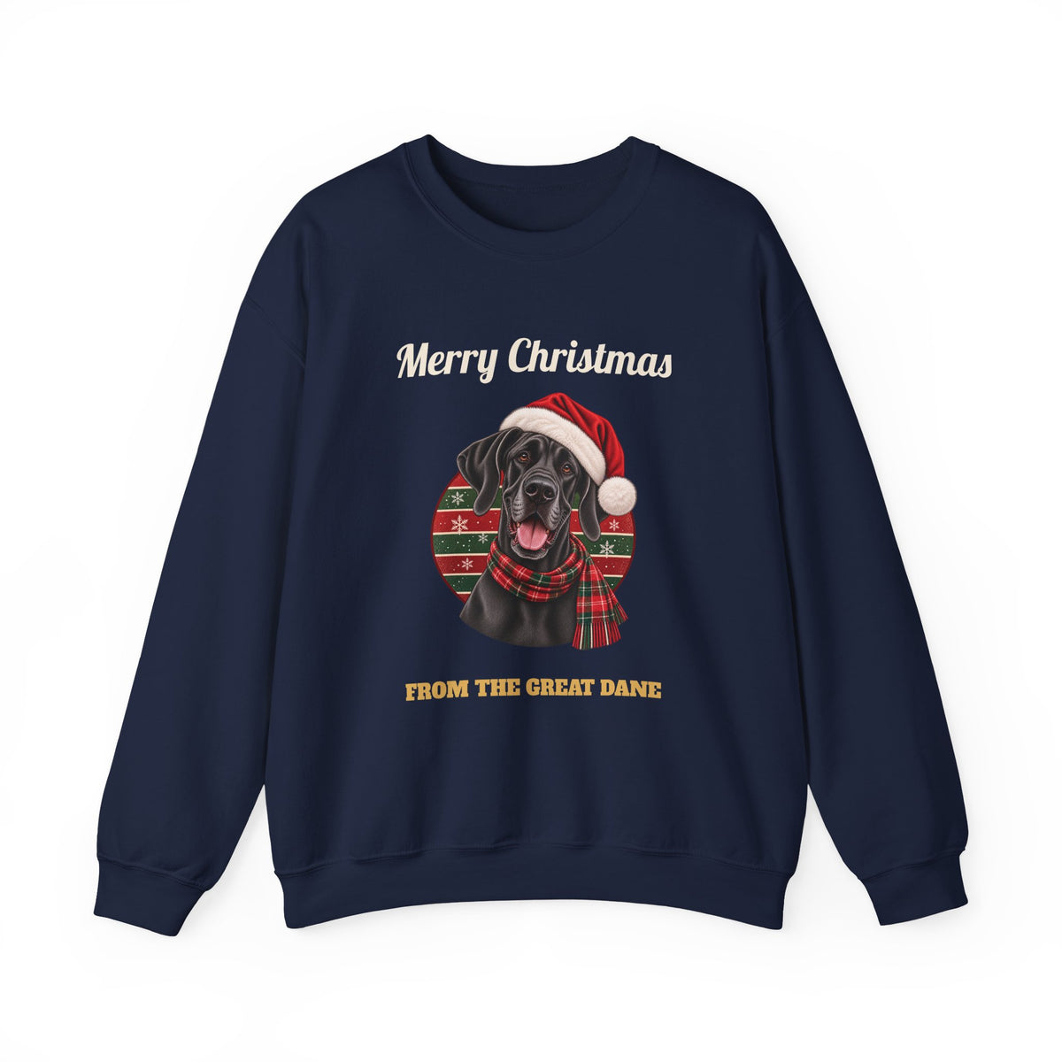 Navy Merry Christmas From The Great Dane sweatshirt with a black Great Dane in a Santa hat, front view