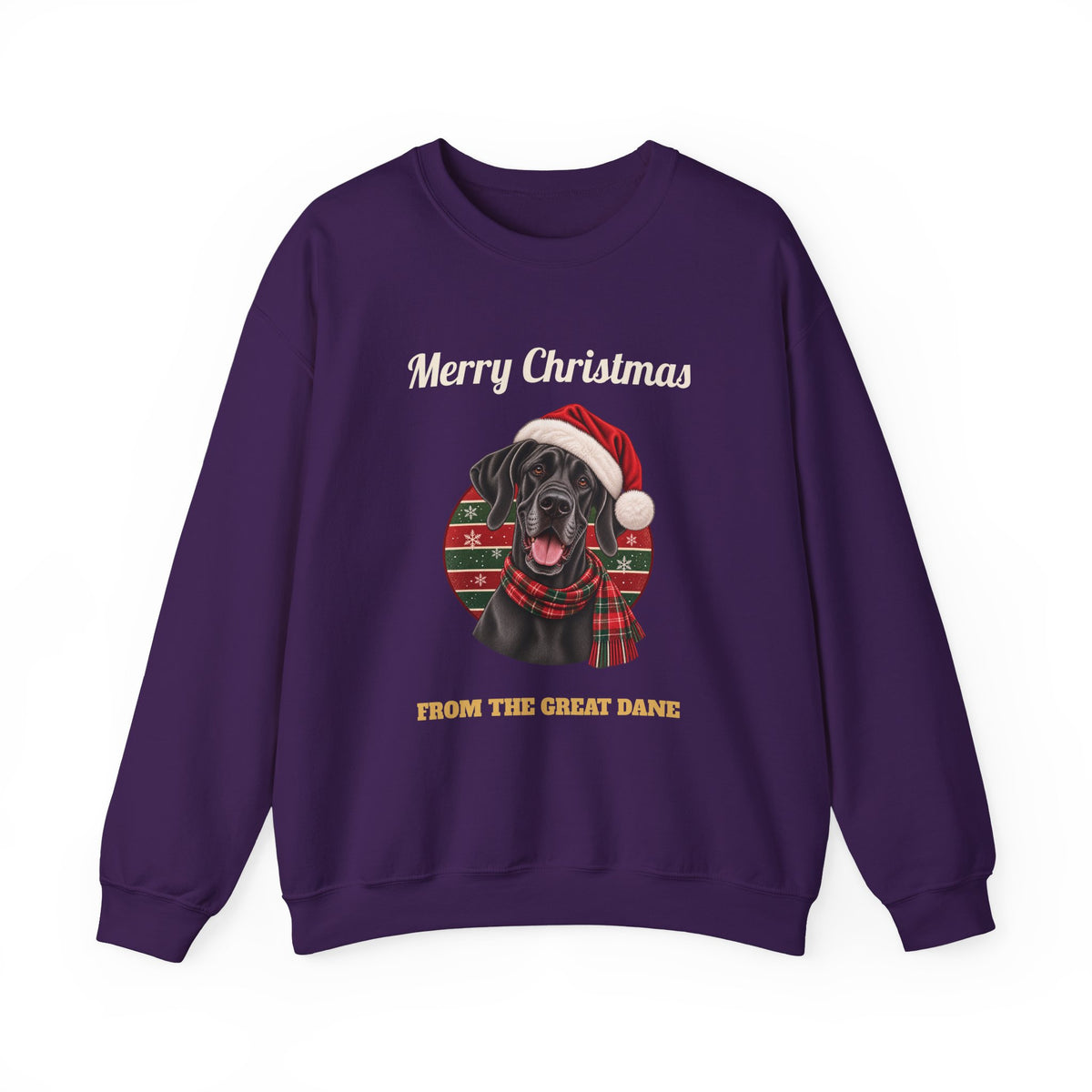 Purple Merry Christmas From The Great Dane sweatshirt with a black Great Dane in a Santa hat, front view