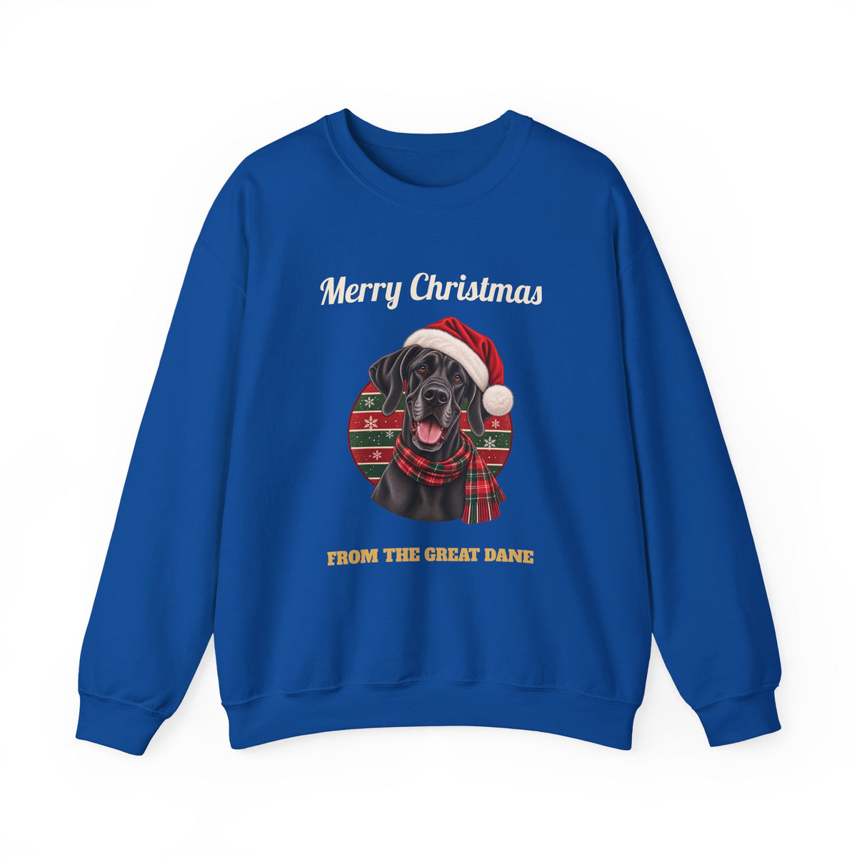 Royal Merry Christmas From The Great Dane sweatshirt with a black Great Dane in a Santa hat, front view