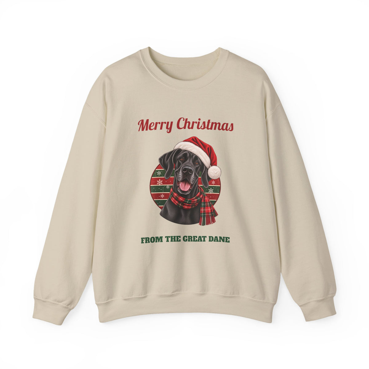 Sand Merry Christmas From The Great Dane sweatshirt with a black Great Dane in a Santa hat, front view