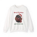 White Merry Christmas From The Great Dane sweatshirt with a black Great Dane in a Santa hat, front view
