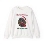 White Merry Christmas From The Great Dane sweatshirt with a black Great Dane in a Santa hat, front view
