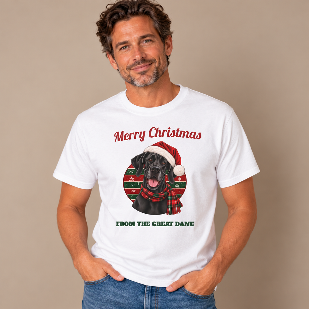 Man wearing the White Merry Christmas From The Great Dane T-Shirt with jeans