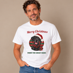 Man wearing the White Merry Christmas From The Great Dane T-Shirt with jeans