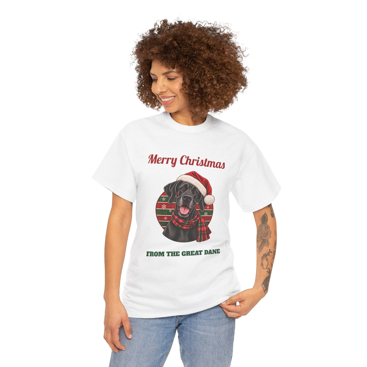 Model wearing the Merry Christmas From The Great Dane T-Shirt
