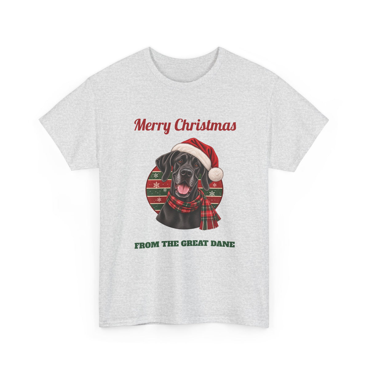 Ash Merry Christmas From The Great Dane t-shirt with a black Great Dane in a Santa hat, front view