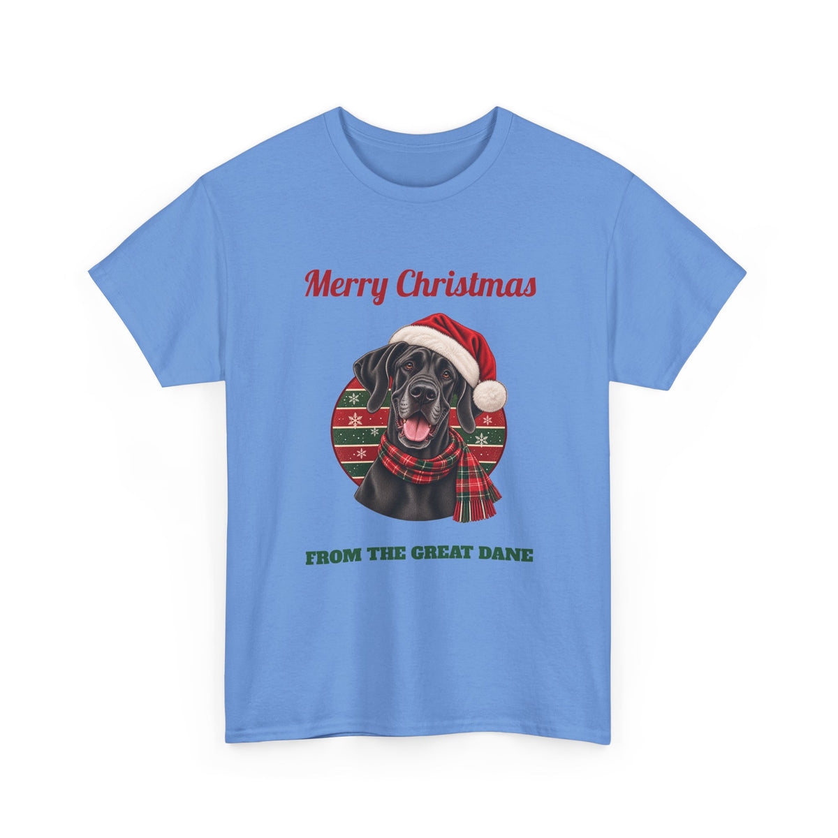 Carolina Blue Merry Christmas From The Great Dane t-shirt with a black Great Dane in a Santa hat, front view