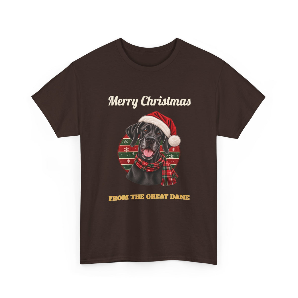 Dark Chocolate Merry Christmas From The Great Dane t-shirt with a black Great Dane in a Santa hat, front view