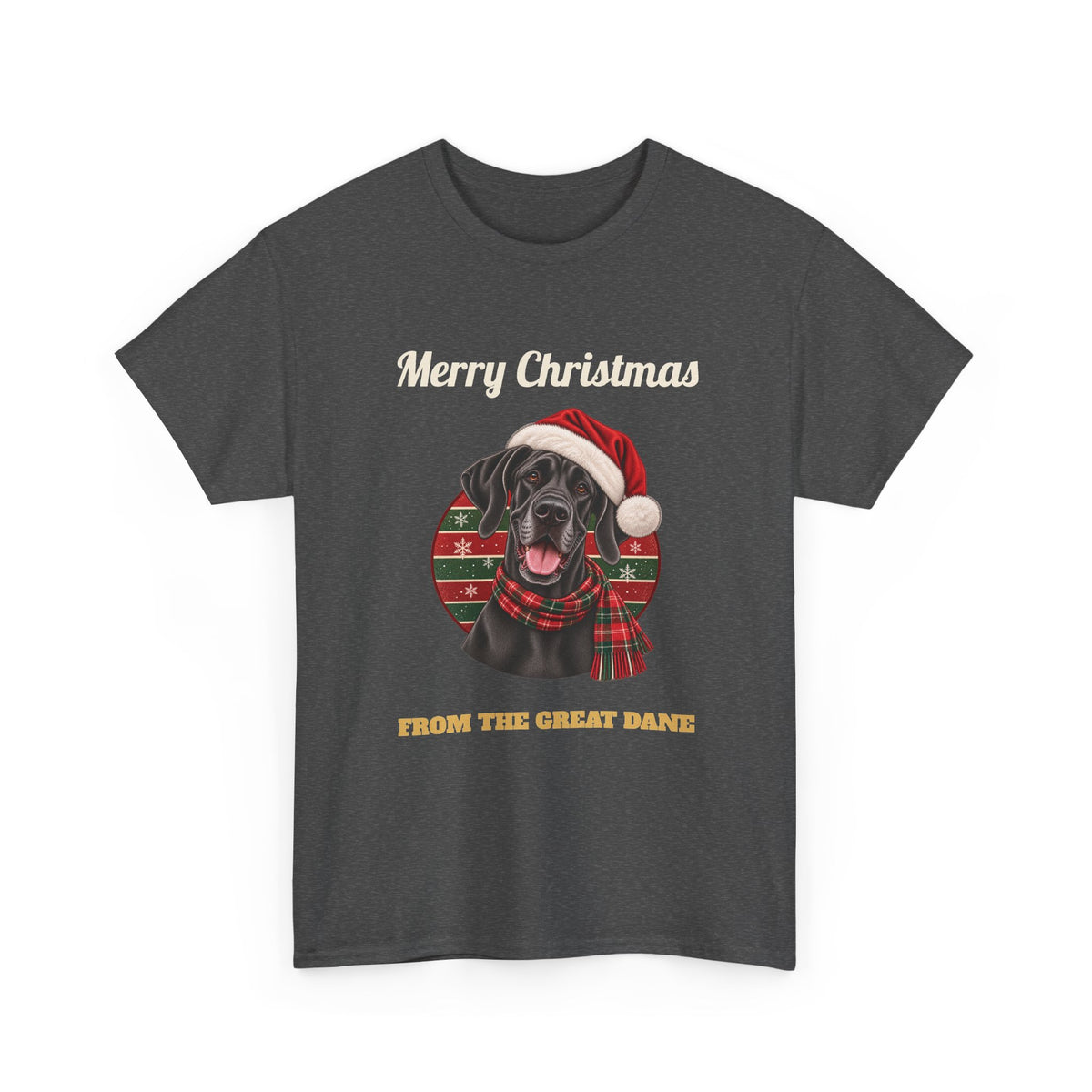 Dark Heather Merry Christmas From The Great Dane t-shirt with a black Great Dane in a Santa hat, front view