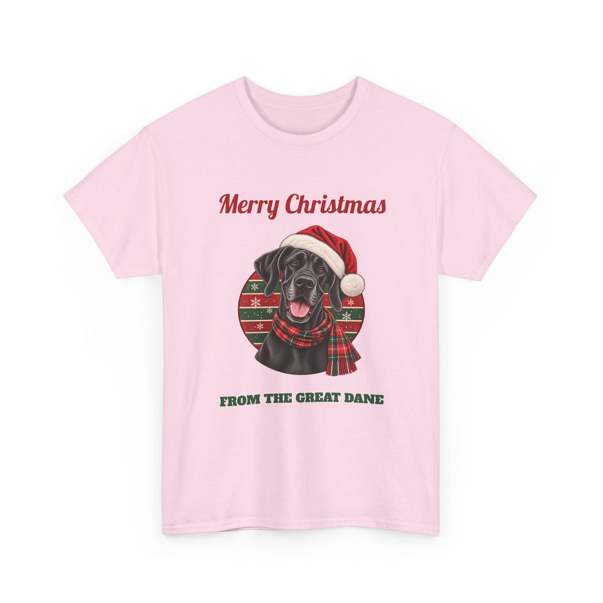 Light Pink Merry Christmas From The Great Dane t-shirt with a black Great Dane in a Santa hat, front view