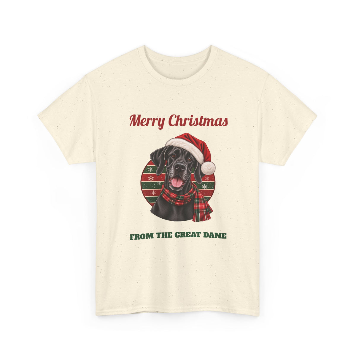 Natural Merry Christmas From The Great Dane t-shirt with a black Great Dane in a Santa hat, front view