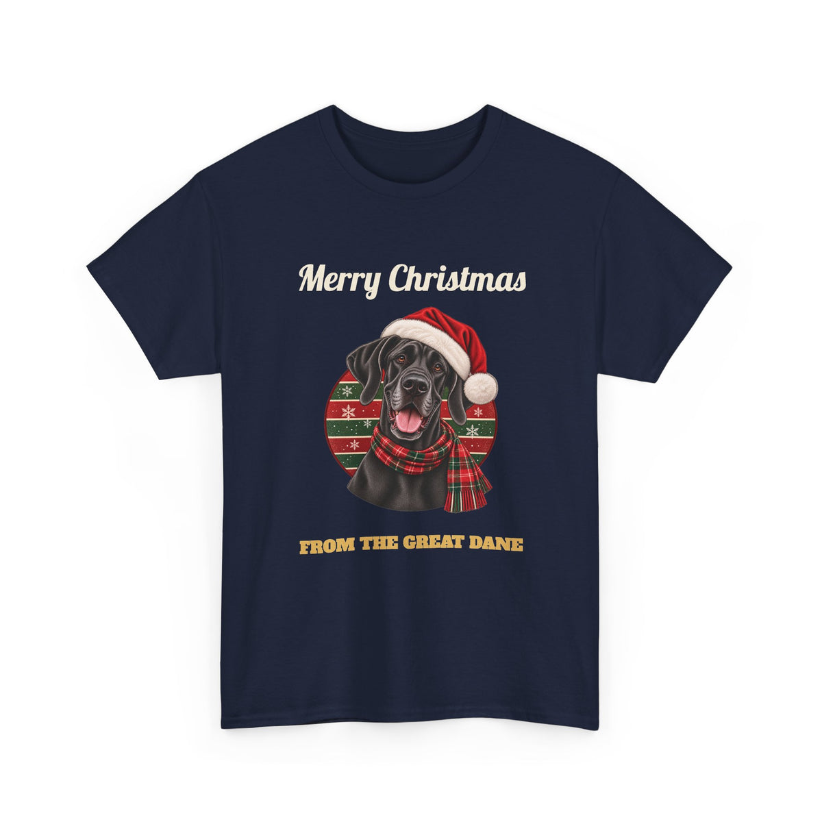 Navy Merry Christmas From The Great Dane t-shirt with a black Great Dane in a Santa hat, front view
