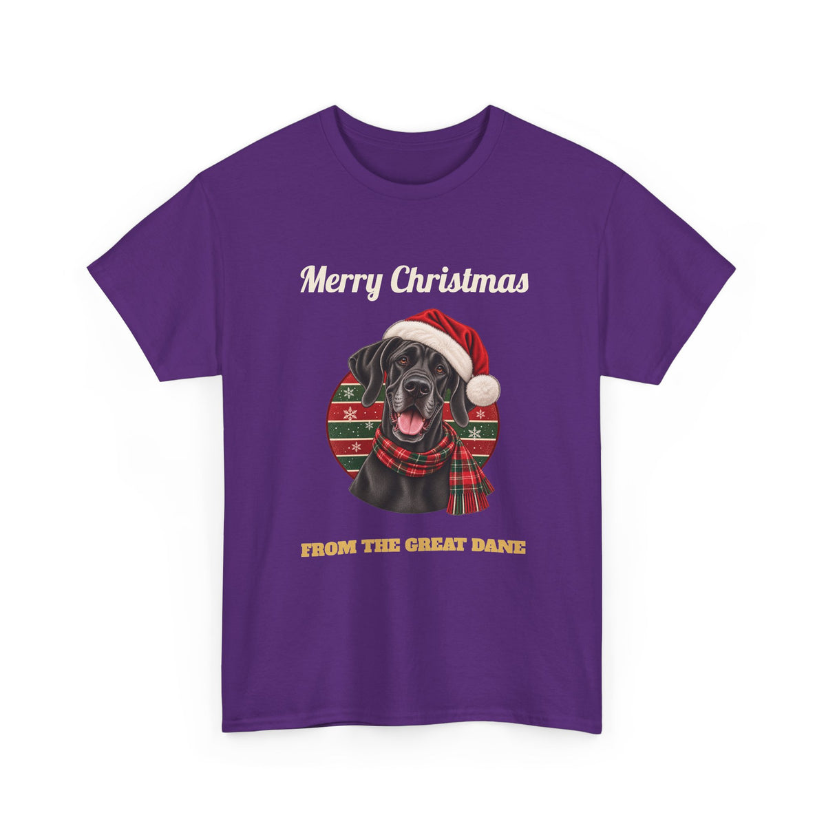 Purple Merry Christmas From The Great Dane t-shirt with a black Great Dane in a Santa hat, front view