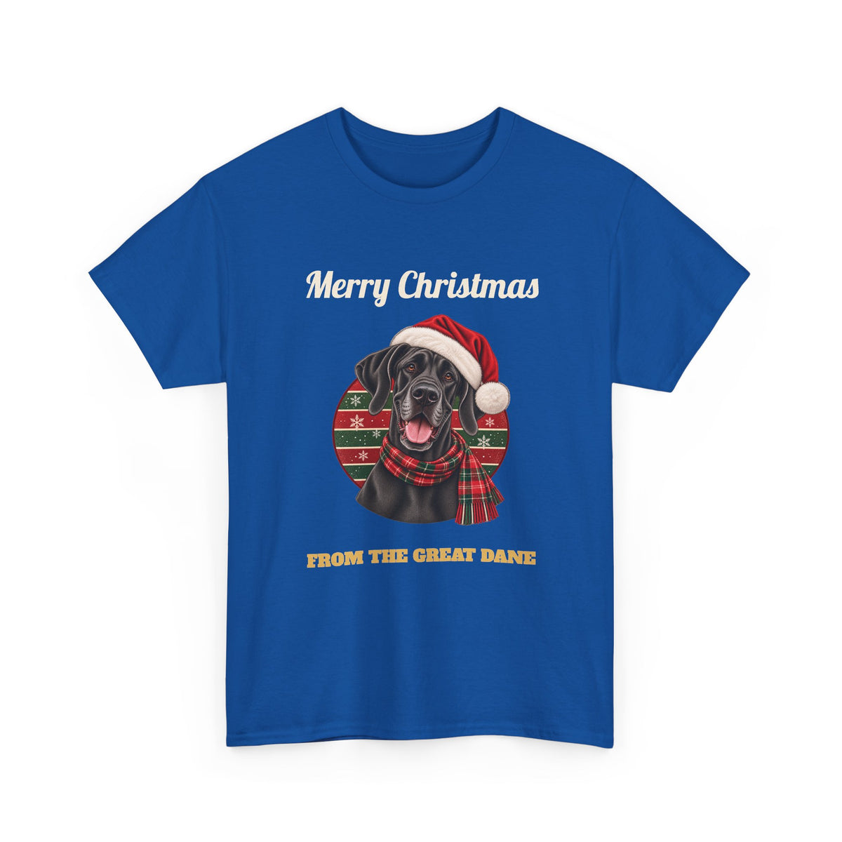 Royal Merry Christmas From The Great Dane t-shirt with a black Great Dane in a Santa hat, front view