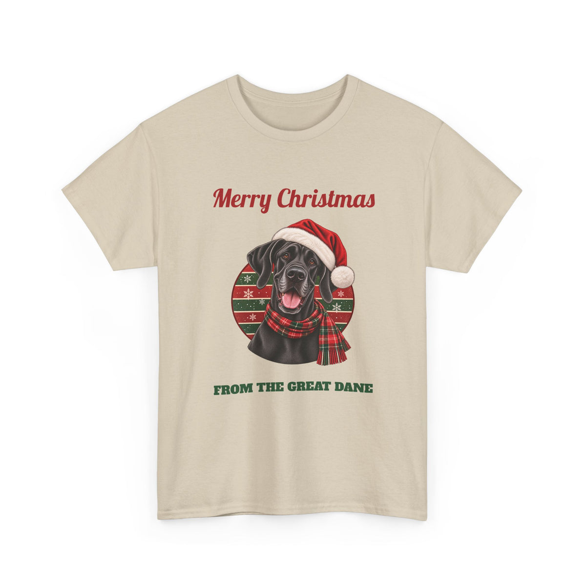 Sand Merry Christmas From The Great Dane t-shirt with a black Great Dane in a Santa hat, front view