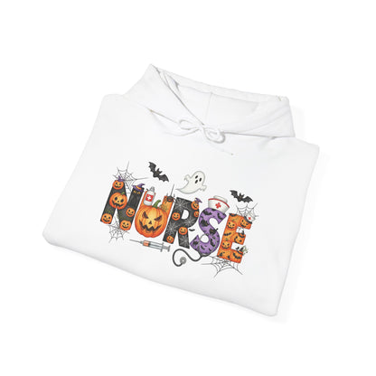Folded white Halloween Nurse Pumpkin hoodie showing the print