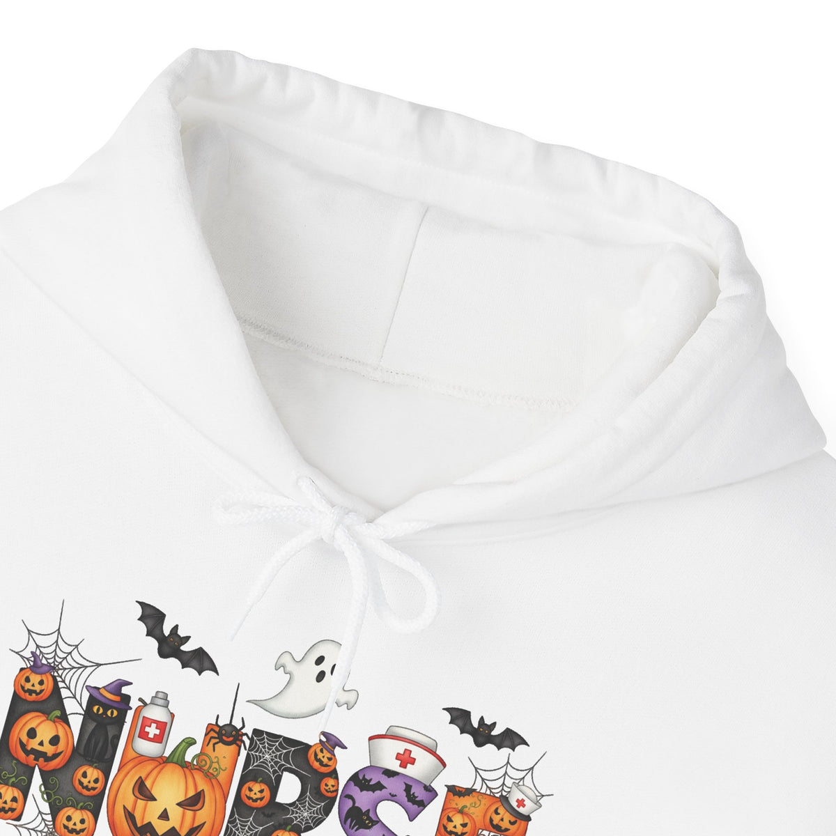 Close-up of the hood and drawcord on the white Halloween Nurse Pumpkin hoodie