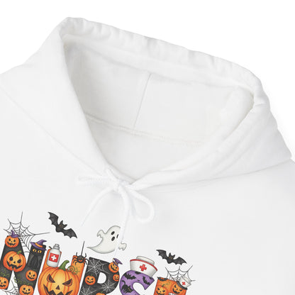 Close-up of the hood and drawcord on the white Halloween Nurse Pumpkin hoodie
