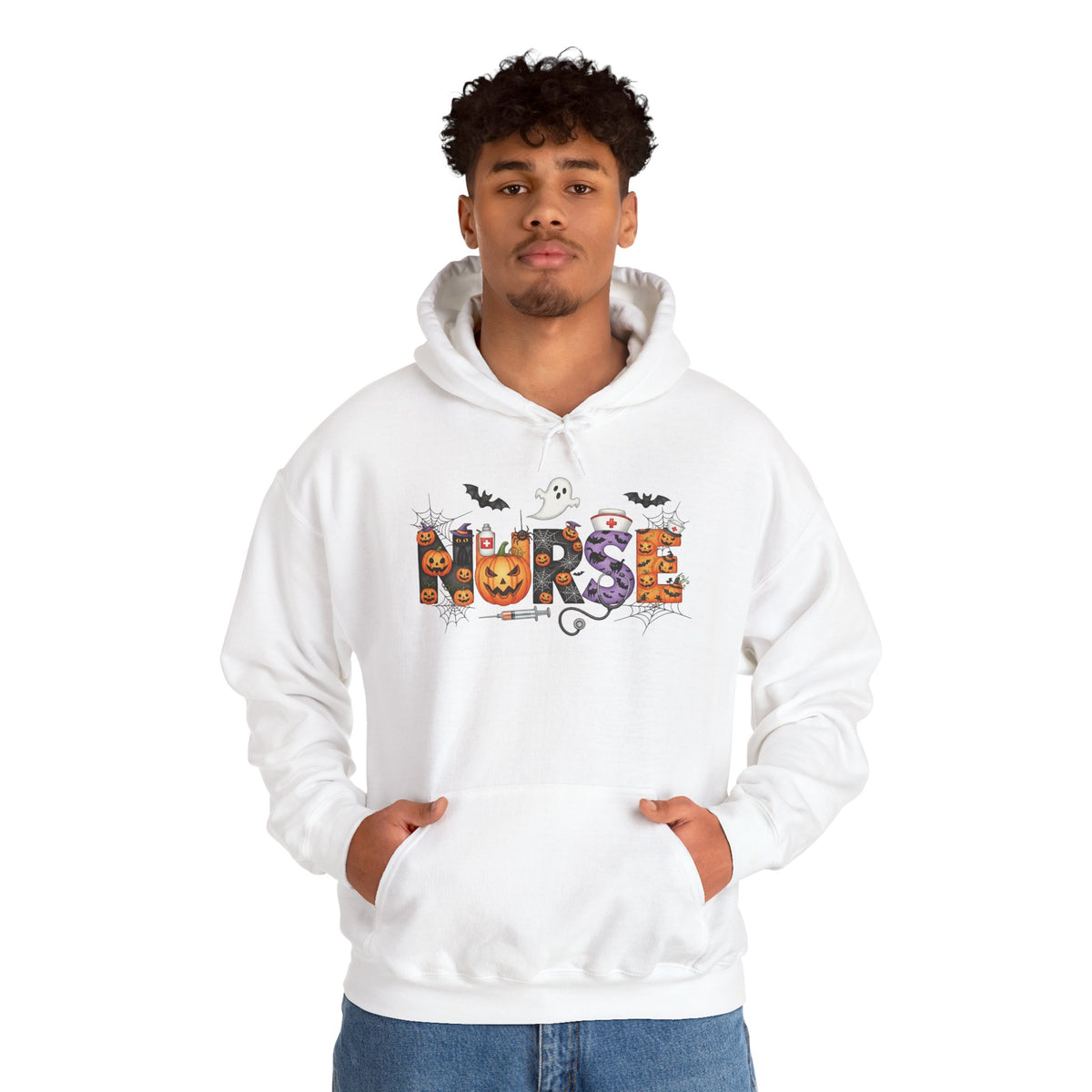 Man wearing the white Halloween Nurse Pumpkin Hoodie, studio view