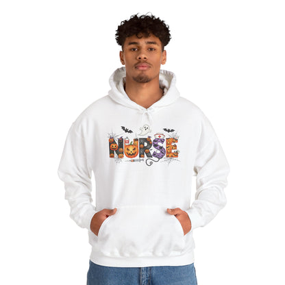 Man wearing the white Halloween Nurse Pumpkin Hoodie, studio view
