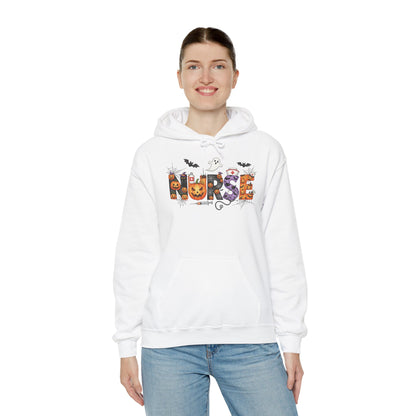 Woman wearing the white Halloween Nurse Pumpkin Hoodie