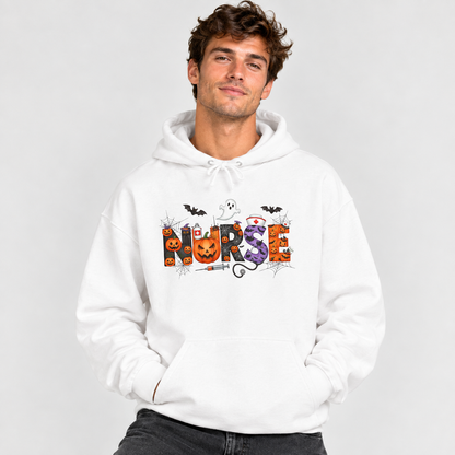 Man wearing the white Halloween Nurse Pumpkin Hoodie with black jeans