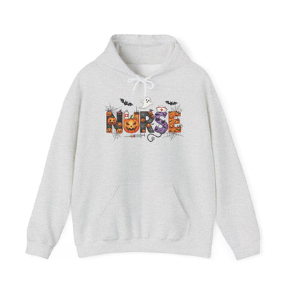 Ash Halloween Nurse Pumpkin hoodie with Halloween lettering, jack-o'-lantern and bats
