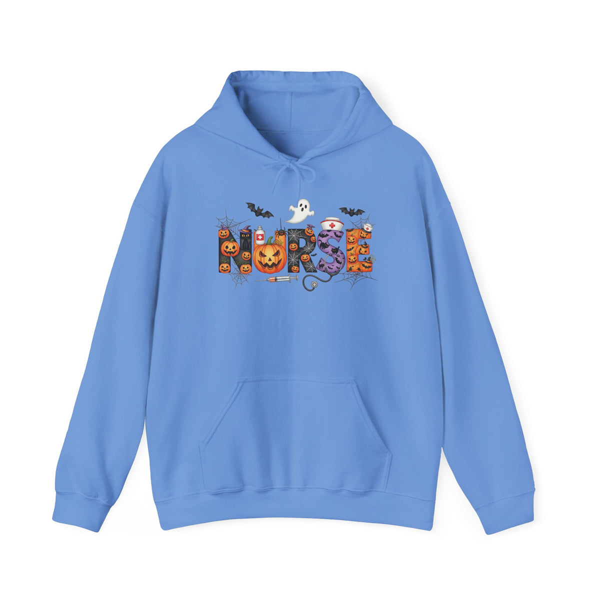 Carolina Blue Halloween Nurse Pumpkin hoodie with Halloween lettering, jack-o'-lantern and bats