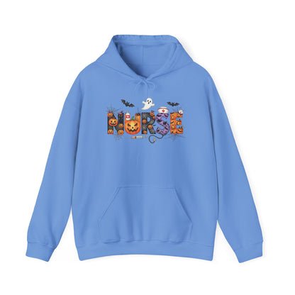 Carolina Blue Halloween Nurse Pumpkin hoodie with Halloween lettering, jack-o'-lantern and bats