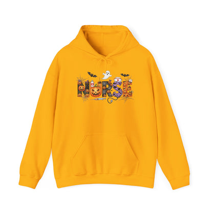 Gold Halloween Nurse Pumpkin hoodie with Halloween lettering, jack-o'-lantern and bats