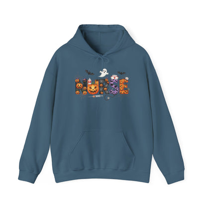 Indigo Blue Halloween Nurse Pumpkin hoodie with Halloween lettering, jack-o'-lantern and bats