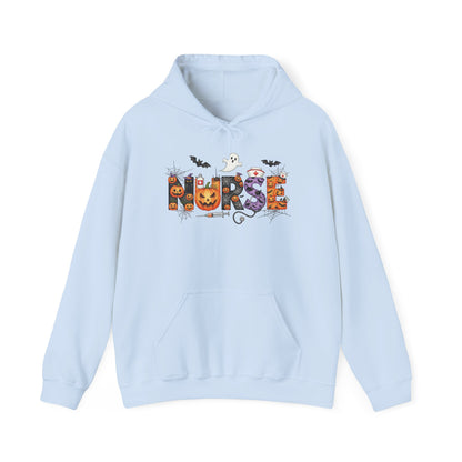 Light Blue Halloween Nurse Pumpkin hoodie with Halloween lettering, jack-o'-lantern and bats