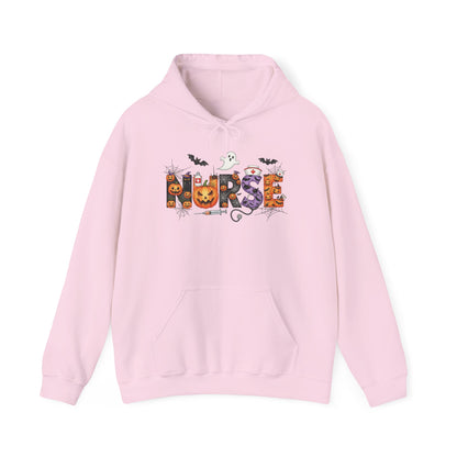 Light Pink Halloween Nurse Pumpkin hoodie with Halloween lettering, jack-o'-lantern and bats