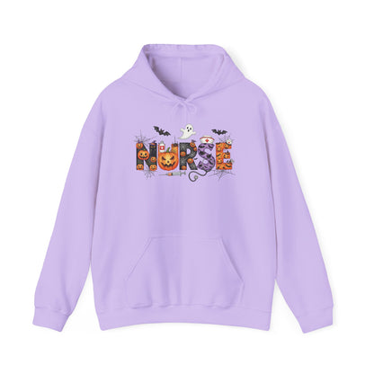 Orchid Halloween Nurse Pumpkin hoodie with Halloween lettering, jack-o'-lantern and bats