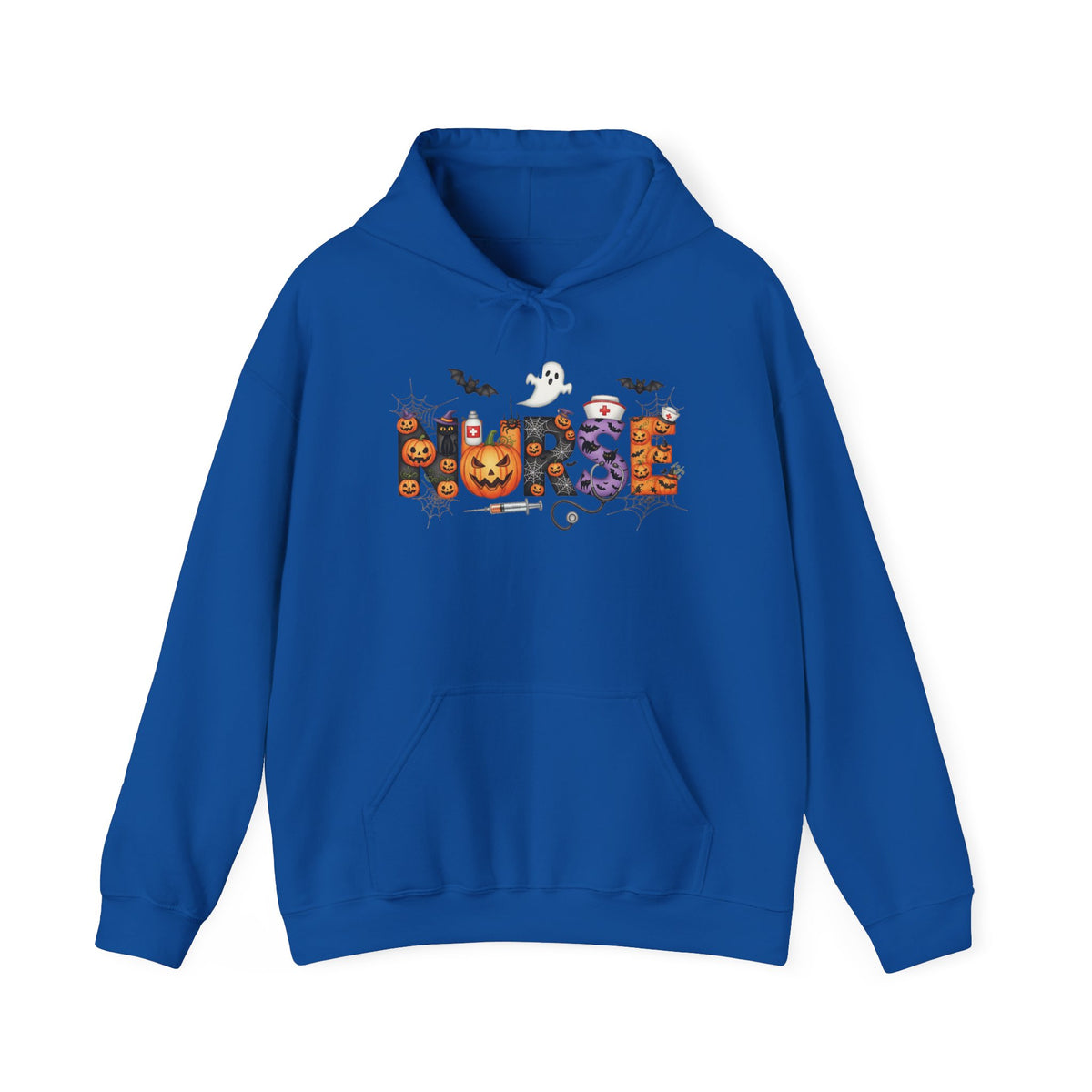 Royal Halloween Nurse Pumpkin hoodie with Halloween lettering, jack-o'-lantern and bats