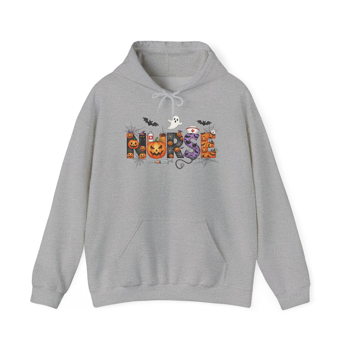 Sport Grey Halloween Nurse Pumpkin hoodie with Halloween lettering, jack-o'-lantern and bats