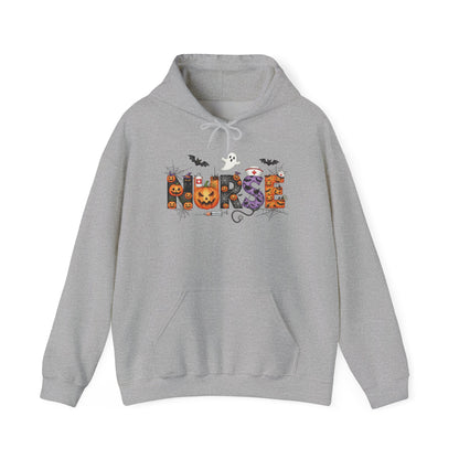 Sport Grey Halloween Nurse Pumpkin hoodie with Halloween lettering, jack-o'-lantern and bats