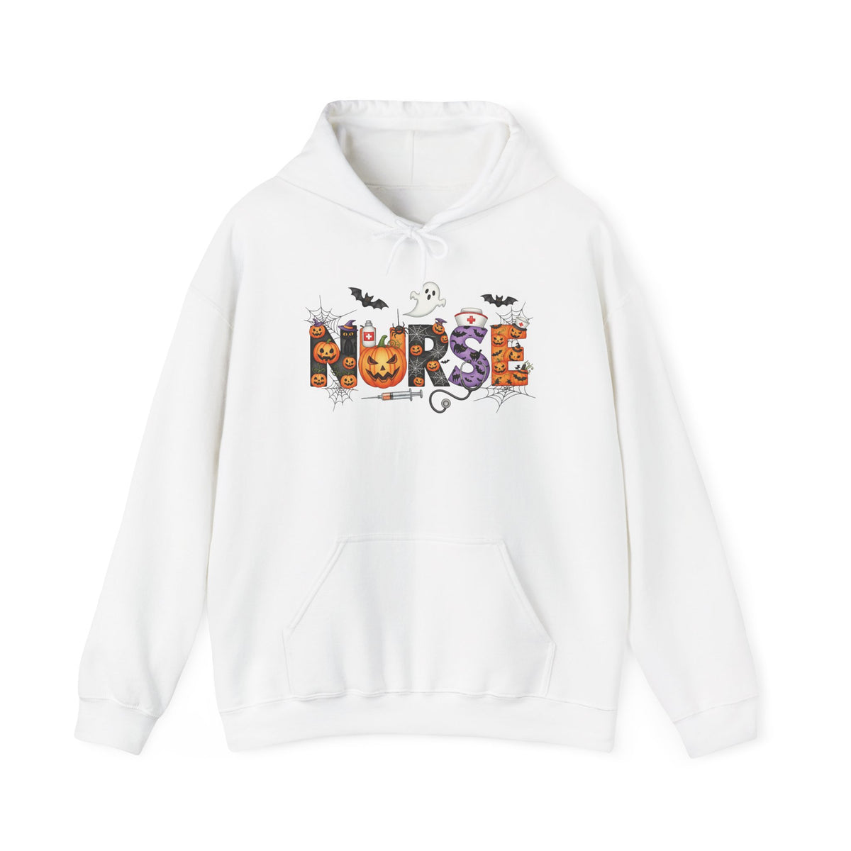 White Halloween Nurse Pumpkin hoodie with Halloween lettering, jack-o'-lantern and bats