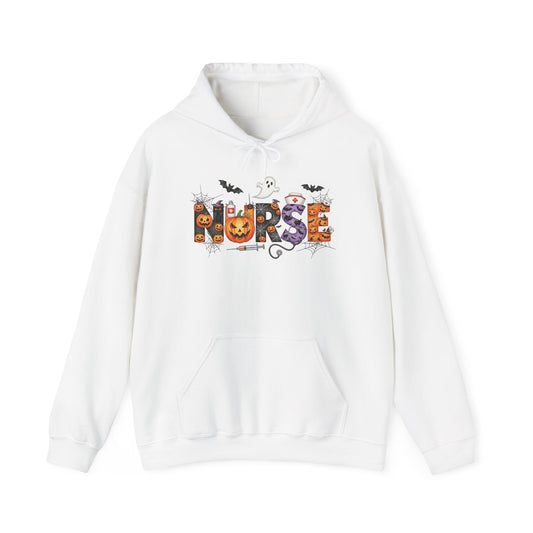 White Halloween Nurse Pumpkin hoodie with Halloween lettering, jack-o'-lantern and bats